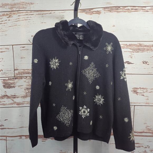 NWPT Nordic Design Wool Beaded Full Zip Sweater Black Size Petite Large - Picture 1 of 10